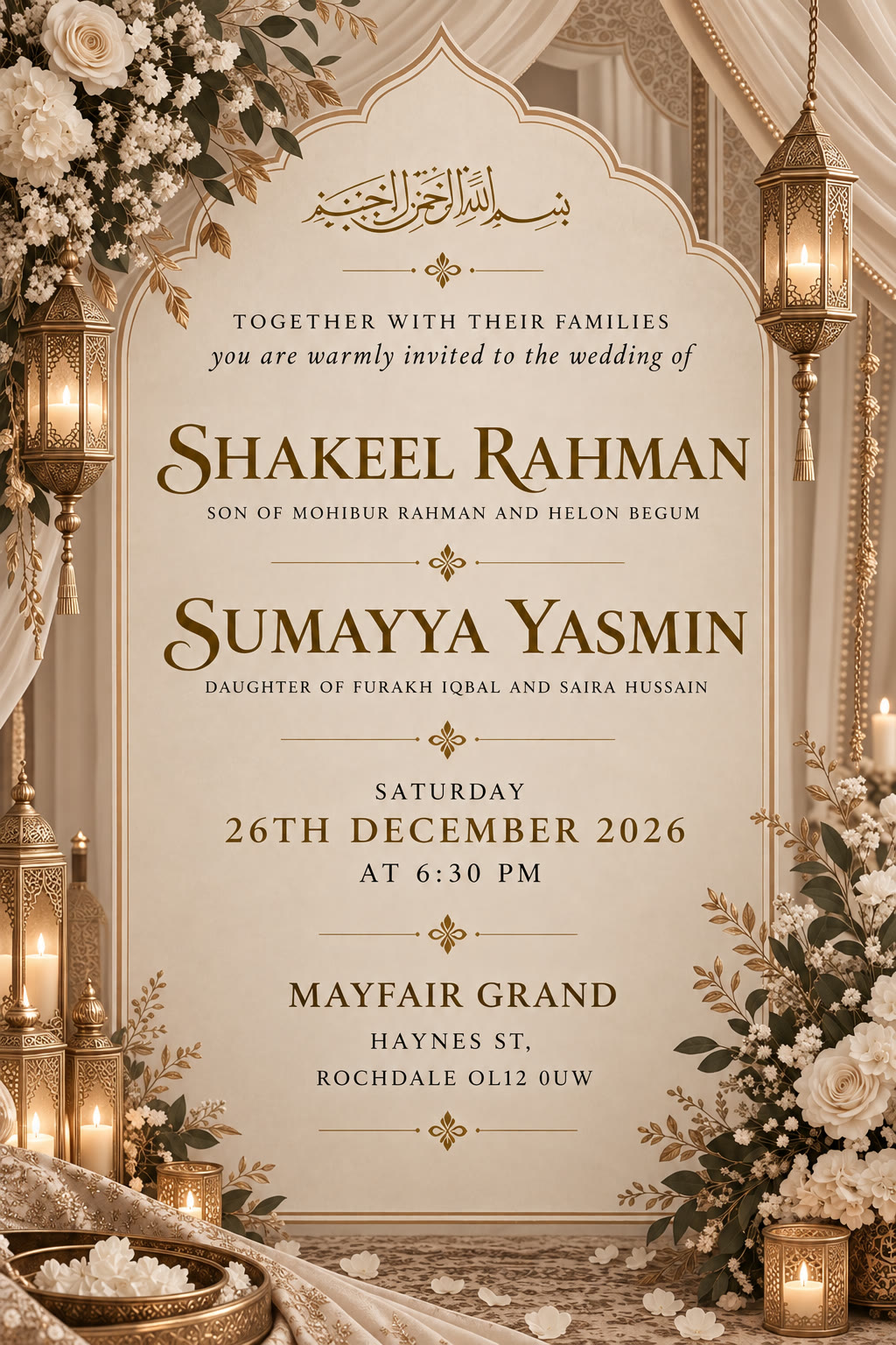 Wedding invitation for Shakeel and Sumayya, 26th December 2026 at Mayfair Grand