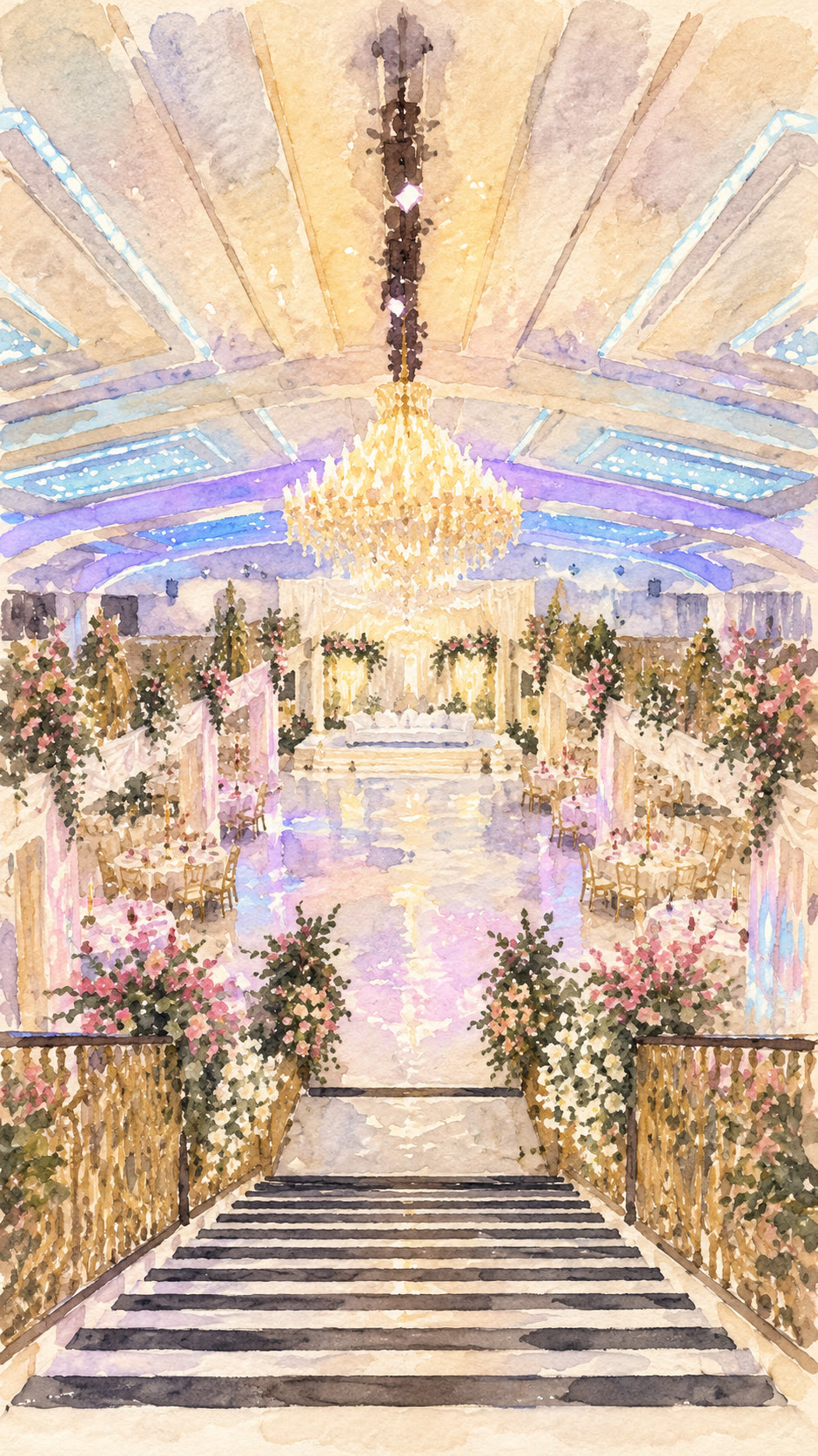 Watercolour illustration of the Mayfair Grand wedding hall